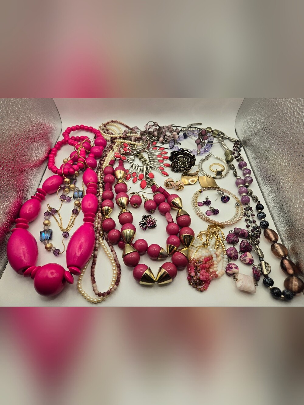 Costume Jewelry Lot Pink Purple 20 Wearable Pieces Necklace Bracelet Earrings